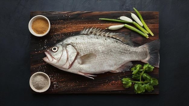 Alimento volador pescado de mar crudo con especias