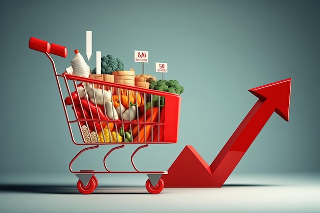 Alimentos en una canasta de un supermercado Aumento de los precios de los alimentos generado por IA