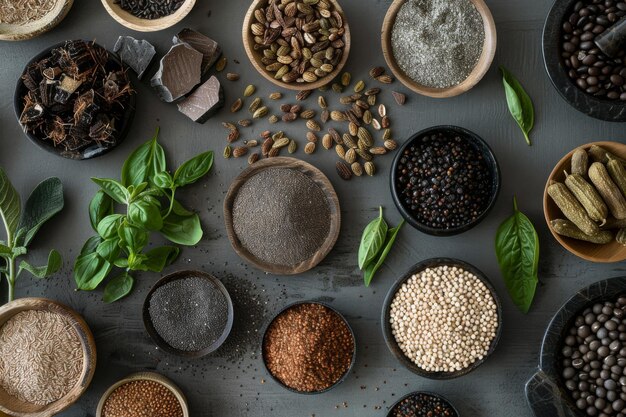 alimentos colocados em fundo preto especiarias