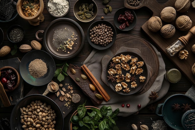 alimentos colocados em fundo preto especiarias