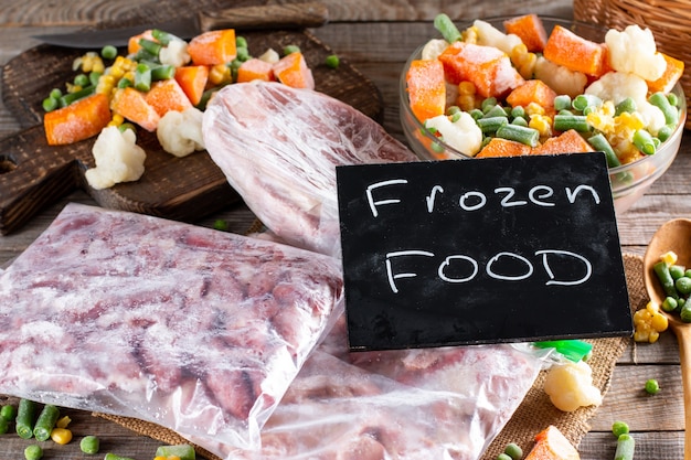 Alimentos congelados. variedade de vegetais congelados e carne na mesa de madeira.