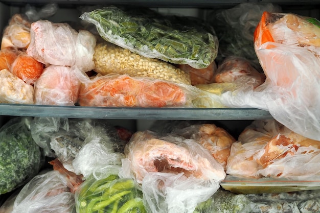 Alimentos congelados verduras y carnes congeladas en el congelador