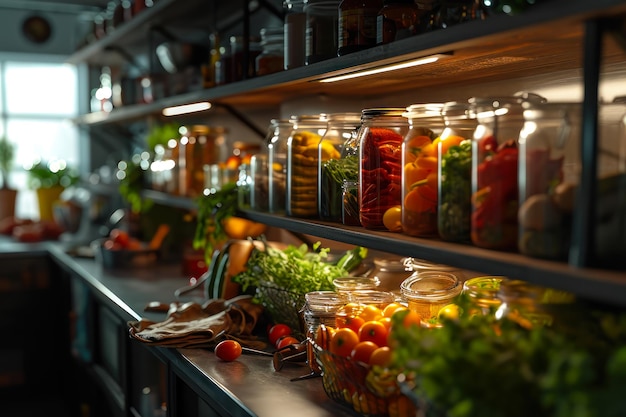 Foto alimentos conservados en los estantes de la cocina