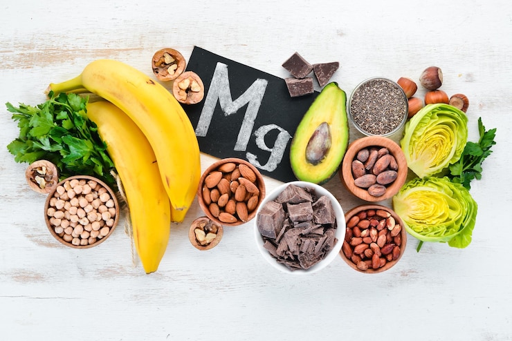 Foto alimentos contendo magnésio natural mg chocolate banana cacau nozes abacate brócolis amêndoas vista superior sobre um fundo branco de madeira