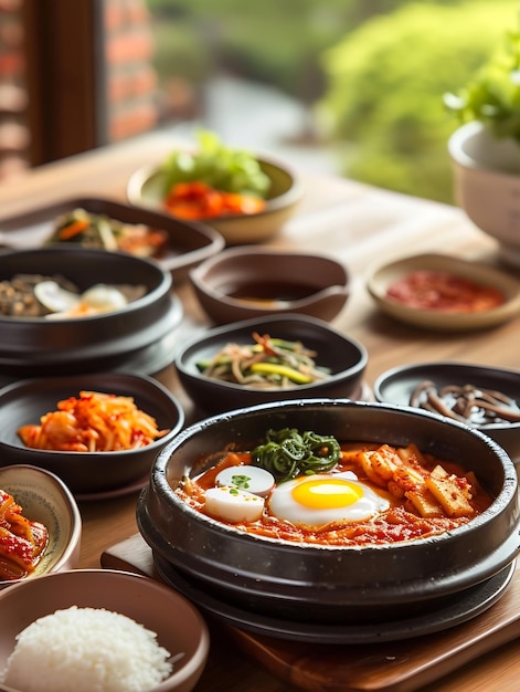 Alimentos coreanos servidos em uma mesa de jantar Perfeito para artigo de ilustração fotográfica ou uma IA gerativa
