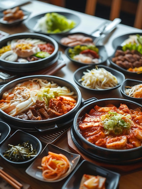 Alimentos coreanos servidos em uma mesa de jantar Perfeito para artigo de ilustração fotográfica ou uma IA gerativa