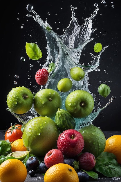 Alimentos crudos con gotas de agua en el estudio