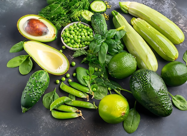 Alimentos crus saudáveis comer vegetais limpos pepino alfalfa zucchini espinafre manjericão ervilhas verdes