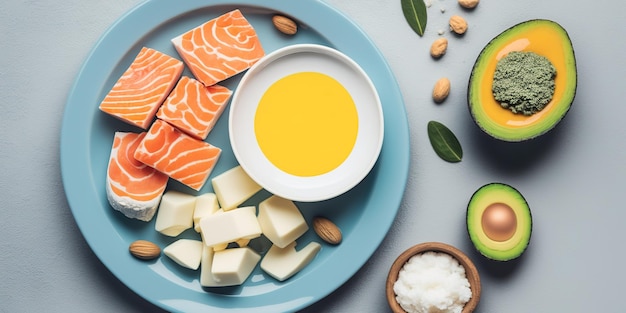 Alimentos para la dieta cetogénica vistos desde arriba y un plato lleno de sostén debajo