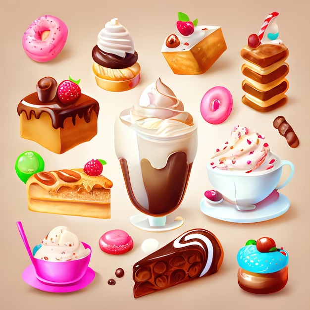 Alimentos dulces Conjunto de iconos 3d Torta helado panna cotta bubble tea representación 3d. ilustración de trama