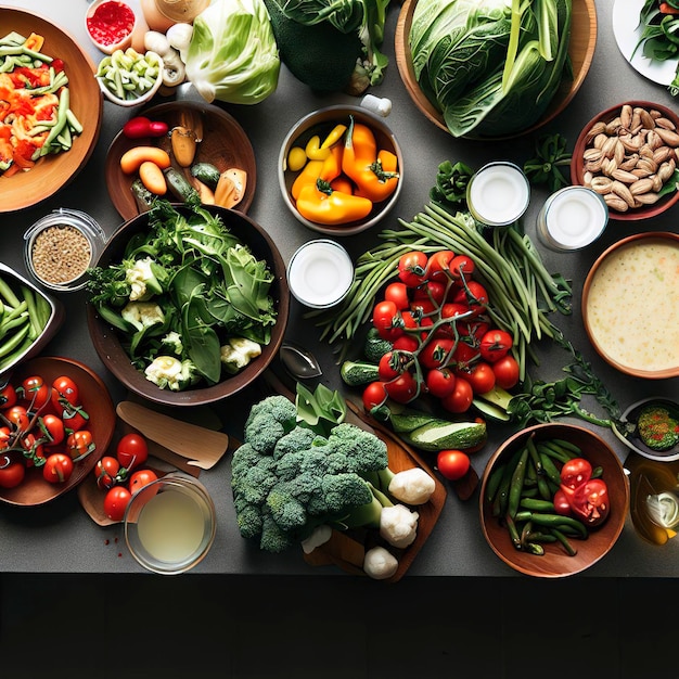 Alimentos e legumes frescos e tigelas de salada na mesa da cozinha em vista superior Conceito de alimentação saudável