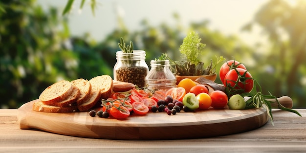 Foto alimentos exibidos num prato de madeira com uma mesa e um fundo natural para brochuras ou cartazes