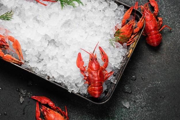 Alimentos frescos de lagostim em um fundo de placa preta. lanche de lagostins vermelhos com ervas especiarias, limão, alecrim e gelo em restaurante gourmet comida saudável