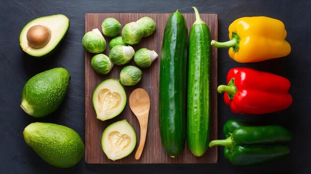 Alimentos frescos y saludables coles de aguacate pepinos rojos amarillos y verdes