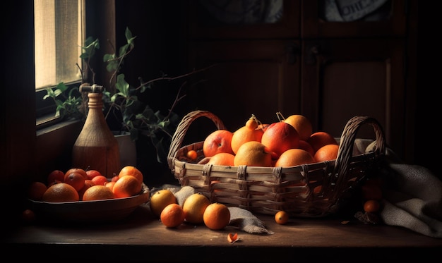 Alimentos frescos saludables orgánicos en canasta Cesta con frutas en ventana generativa ai