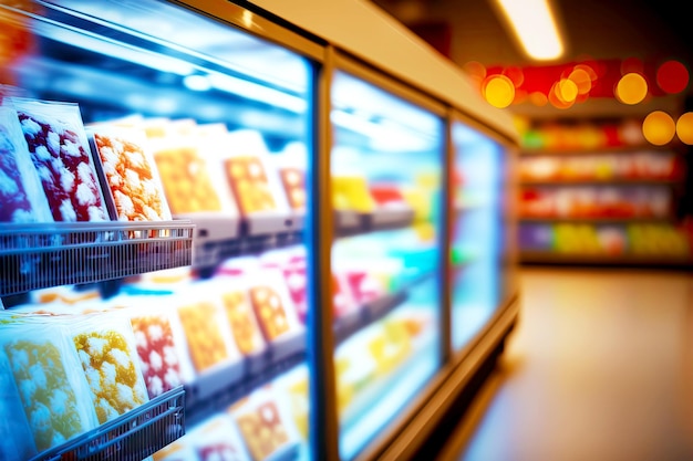 Alimentos frutas e legumes na vitrine de geladeira de supermercado