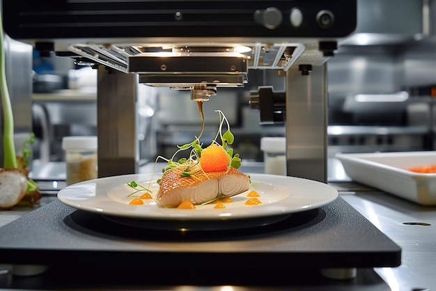 Foto alimentos impresos en 3d tecnología de pescado en plato en cocina profesional en restaurantes impresora 3d