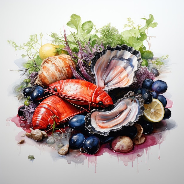 Alimentos marinhos macios e delicados desenhos a aquarela em fundo branco
