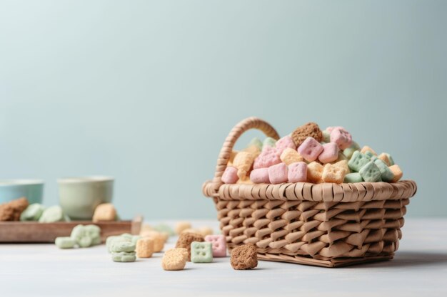 Alimentos para mascotas y golosinas en canasta con colores pastel creados con ai generativo