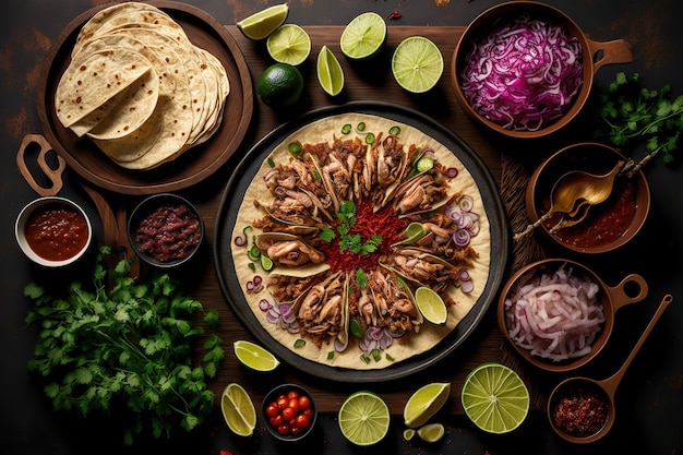 Alimentos mexicanos tradicionais incluem carnitas de porco, cochinita pibil, cebola e habanero chile nesta composição plana de tacos