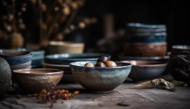 Alimentos orgánicos en cuencos rústicos de barro sobre una mesa de madera en interiores generados por IA