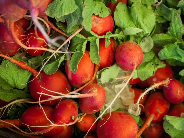 Alimentos orgánicos frescos en el mercado de agricultores local. Los mercados de agricultores son una forma tradicional de vender productos agrícolas.