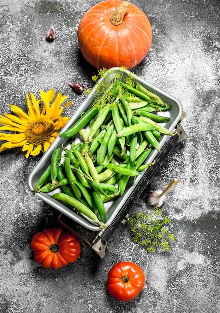 Alimentos orgánicos. Guisantes en la balanza sobre una mesa rústica.