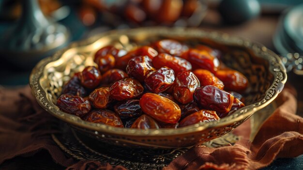 Los alimentos de Ramadán son frutas de dátiles en un cuenco dorado decorativo en una mesa de madera