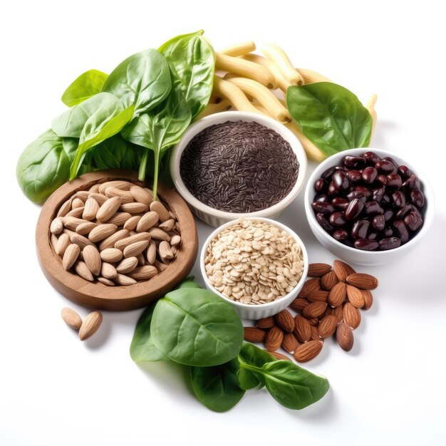 Alimentos ricos en magnesio, como chocolate amargo, nueces, semillas de calabaza, hojas verdes y cereales integrales.