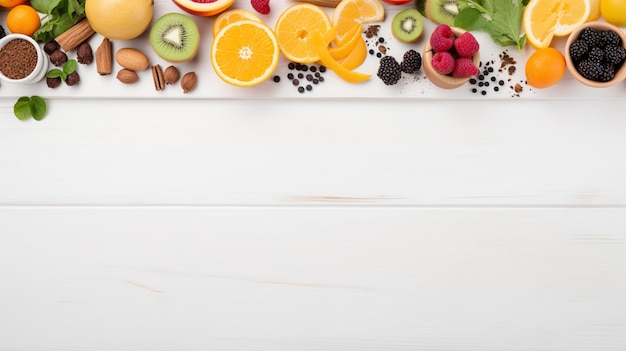 Alimentos saludables alimentación limpia selección de frutas semillas de verduras superalimentos cereales IA generativa