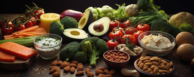 Alimentos saludables, alimentación limpia, selección de frutas, verduras, semillas, superalimento