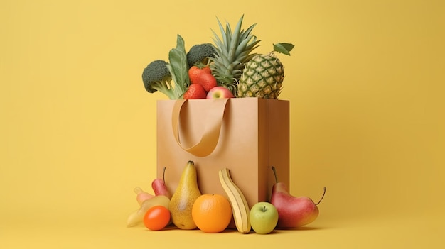 Alimentos saludables en una bolsa de papel de supermercado con frutas y verduras