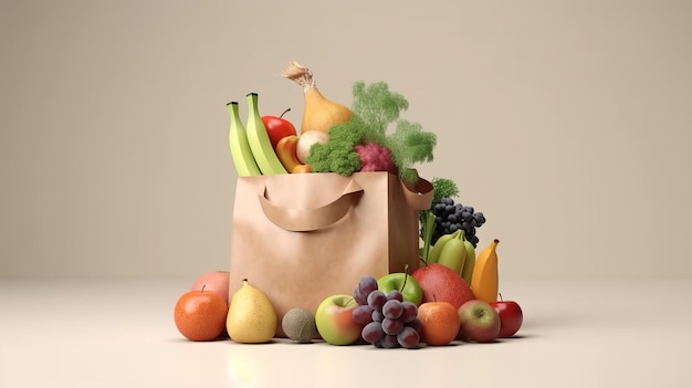 Alimentos saludables en una bolsa de papel de supermercado con frutas y verduras