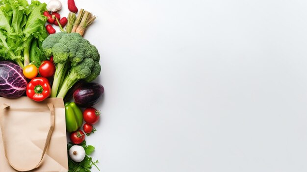 Alimentos saludables en una bolsa de papel de verduras y frutas en blanco