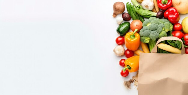 Alimentos saludables en bolsas de papel, verduras y frutas sobre fondo blanco.