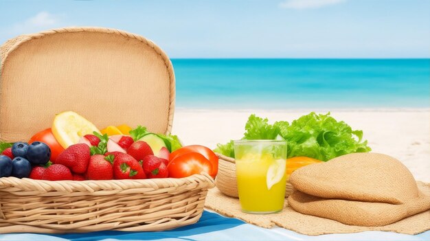 Alimentos saludables en la canasta de picnic en el fondo de la playa por AI generativa