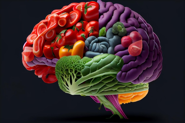 Alimentos saludables para el cerebro para impulsar el concepto de nutrición de la capacidad intelectual como un grupo de nutritivos frutos secos pescado verduras AI Generar