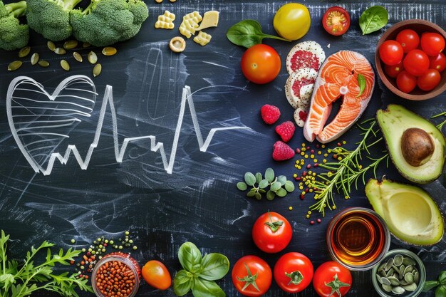 Alimentos saludables para el corazón y cardiógrafo en la pizarra concepto abstracto médico