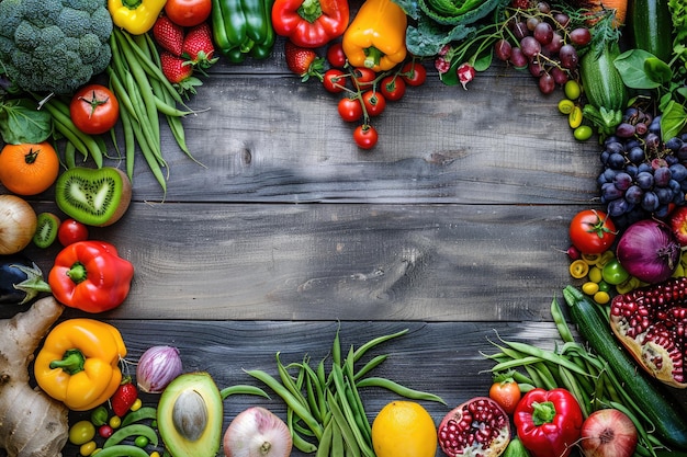 Alimentos saludables en el corazón concepto de cocina de dieta con frutas y verduras frescas