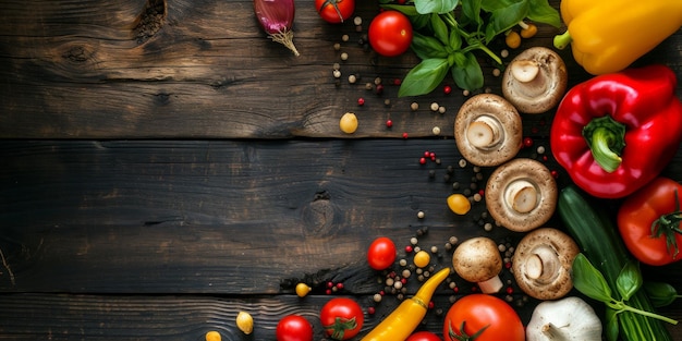 Alimentos saludables y equilibrados vista superior Frutas y verduras frescas orgánicas en la mesa IA generativa