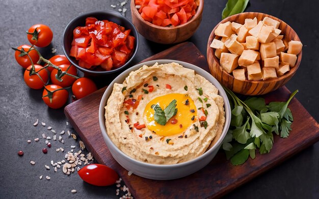 Alimentos saludables Hummus orgánico tradicional recién hecho