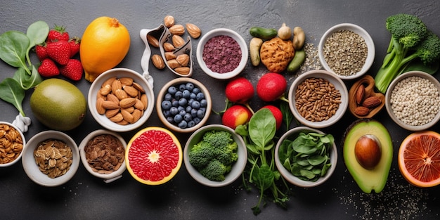 Alimentos saludables, limpieza, selección de frutas, verduras, semillas, superalimentos, cereales, hojas, vegetales, sobre, fondo gris, concreto