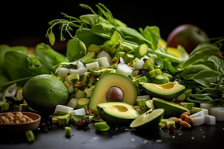 Foto alimentos saludables y nutrición ensalada verdes espinacas espárragos aguacate manzanas verdes dieta de desintoxicación keto veganismo y vegetarianismo