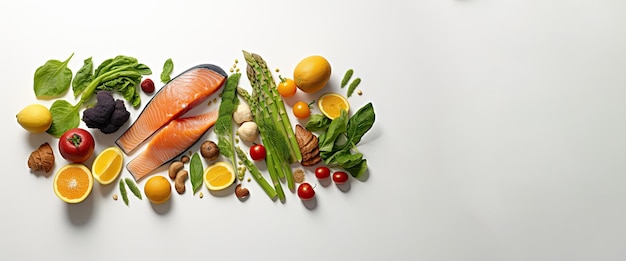 Alimentos saludables opciones de alimentos limpios pescado fresco salmón verduras hierbas y especias en blanco