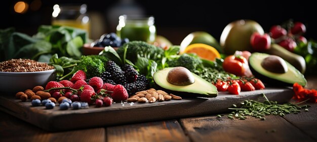 Foto alimentos saudáveis alimentação limpa seleção de frutas vegetais sementes cereais folhas vegetais na cozinha