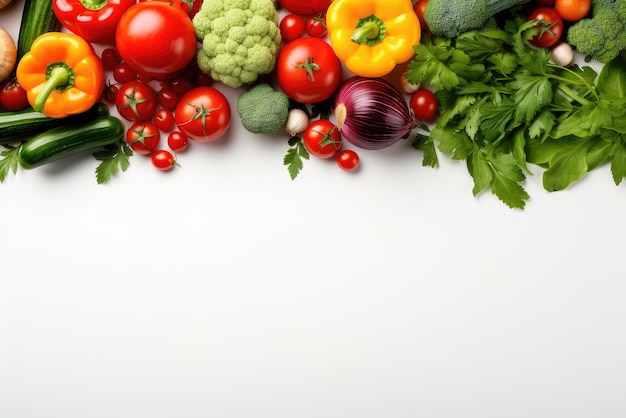 Alimentos saudáveis alimentos vegetarianos fundo Quadro de legumes frescos e em fundo branco vista de cima
