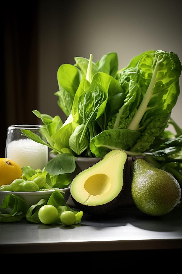 Foto alimentos saudáveis e nutrição salada verde espinafre espárragos abacate maçãs verdes dieta de desintoxicação ceto