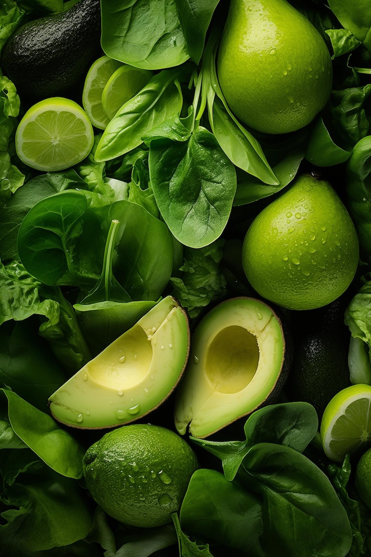 Foto alimentos saudáveis e nutrição salada verde espinafre espárragos abacate maçãs verdes dieta de desintoxicação ceto