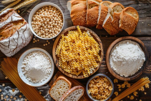 Foto alimentos sem glúten vários lanches de pão de pasta e farinha em fundo de madeira de cima