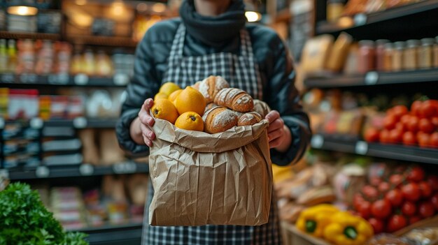 Alimentos sendo embalados em um saco reutilizável pelo caixa da mercearia